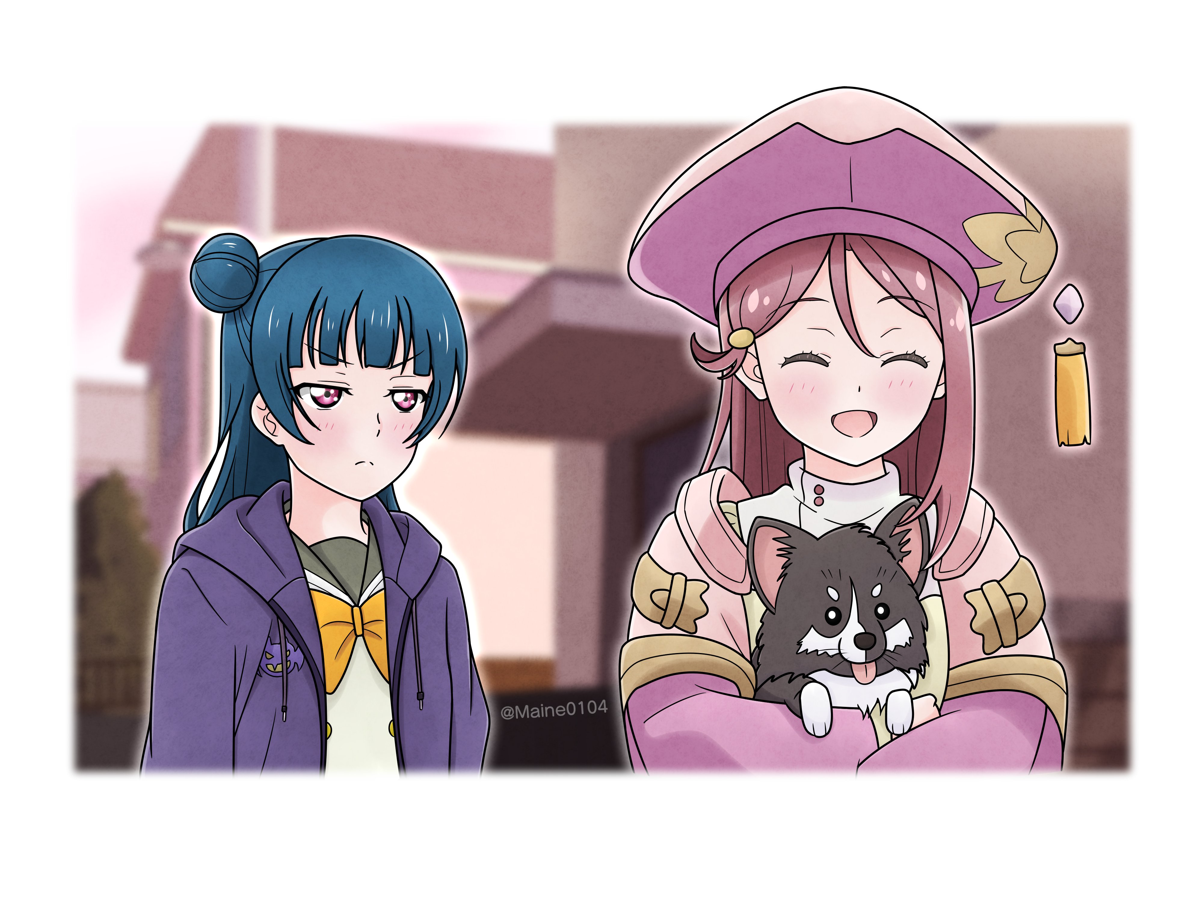>:( 2girls absurdres animal anko_(love_live!) blue_hair blunt_bangs blurry blurry_background blush bow bowtie buttons closed_mouth commentary dog double-breasted genjitsu_no_yohane grey_sailor_collar hair_between_eyes hair_bun hat highres holding holding_animal holding_dog in-franchise_crossover jacket long_sleeves looking_at_another love_live! love_live!_sunshine!! maine0104 multiple_girls open_clothes open_jacket outdoors pink_eyes pink_hat purple_hat purple_jacket red_hair riko_(genjitsu_no_yohane) sailor_collar sakurauchi_riko school_uniform serafuku single_side_bun split_mouth tongue tongue_out tsushima_yoshiko twitter_username uranohoshi_school_uniform v-shaped_eyebrows winter_uniform
