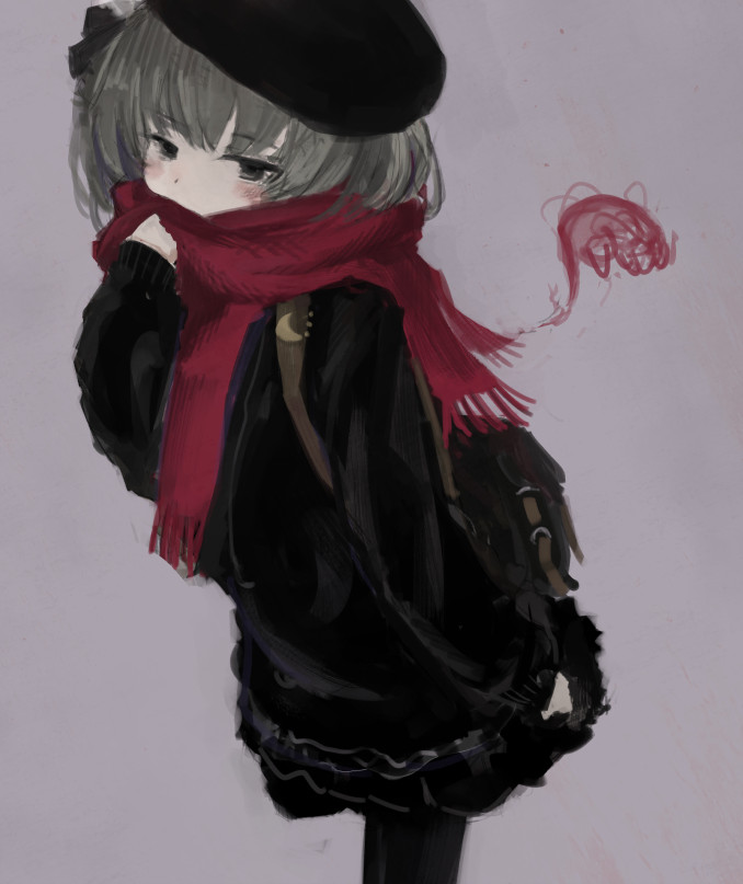 1girl alternate_costume bad_id bad_nicoseiga_id bag beret black_hat black_jacket black_pantyhose black_skirt blush brown_hair commentary_request enpera grey_background half-closed_eyes hand_up hat hatoba_tsugu inactive_account jacket kakashika long_sleeves looking_at_viewer one_side_up pantyhose red_scarf scarf scarf_over_mouth shoulder_bag simple_background skirt solo standing standing_on_one_leg tsugu_(vtuber) virtual_youtuber
