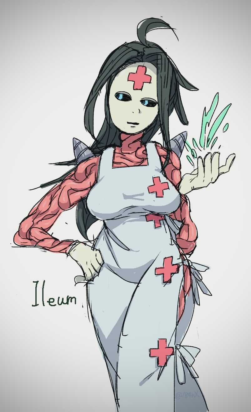 1girl acid apron blue_eyes character_name cowboy_shot dress gown green_hair grey_background hand_on_own_hip highres ileum_(skullgirls) latex mask monster_girl skullgirls solo