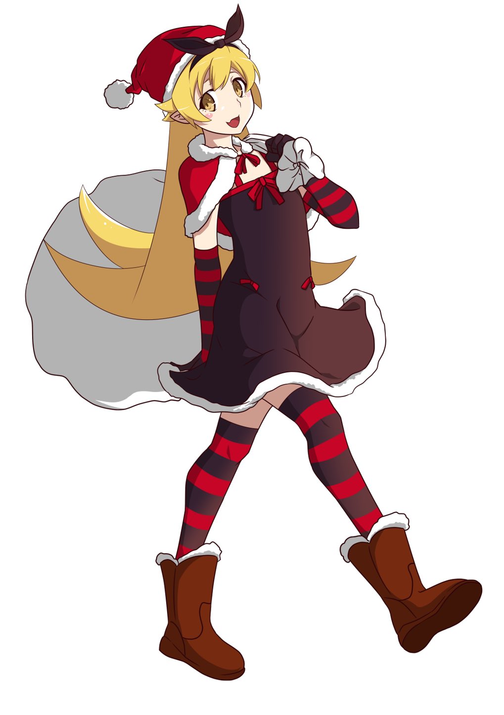 1girl :d alternate_costume anime_coloring black_dress black_gloves black_ribbon black_thighhighs blonde_hair blush_stickers boots bow brown_boots child christmas commentary_request dress elbow_gloves elf fang flat_chest floating_clothes full_body fur-trimmed_boots fur-trimmed_headwear fur-trimmed_shawl fur_boots fur_trim gloves guchiknight hair_between_eyes hair_ribbon hat highres holding holding_sack horizontal-striped_gloves long_hair looking_at_viewer medium_eyebrows monogatari_(series) official_style open_mouth oshino_shinobu pointy_ears red_bow red_gloves red_hat red_ribbon red_shawl red_thighhighs red_trim ribbon sack santa_hat shawl sidelocks simple_background skin_fang smile solo standing striped_leggings thighhighs ugg_boots very_long_hair white_background white_trim yellow_eyes zettai_ryouiki