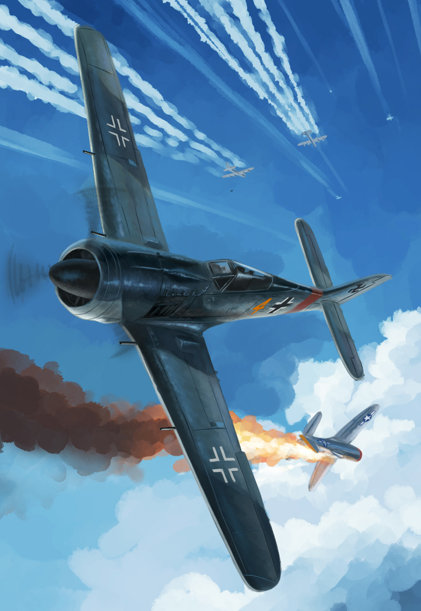 aerial_battle airplane balkenkreuz battle cloud contrail cross dogfight fire flying fw_190 highres luftwaffe military military_vehicle original p-47_thunderbolt propeller_fighter rondel sky smoke swastika united_states_air_force vehicle_focus world_war_ii zuotian_de_yu