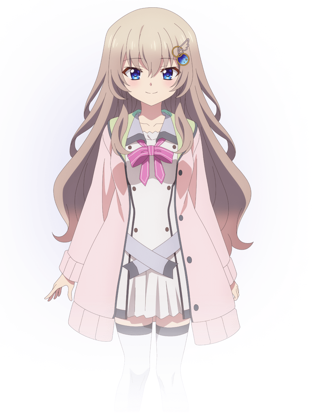 1girl 9-nine- arms_at_sides belt blue_eyes blush bow bowtie brown_hair buttons cardigan closed_mouth double-breasted dress feet_out_of_frame gear_hair_ornament grey_belt hair_between_eyes hair_ornament highres kujou_miyako long_hair long_sleeves looking_at_viewer official_art open_cardigan open_clothes pink_bow pink_bowtie pink_cardigan promotional_art school_uniform short_dress simple_background smile solo split_mouth standing star_(symbol) star_print straight-on thighhighs transparent_background very_long_hair white_dress white_thighhighs wing_hair_ornament zettai_ryouiki