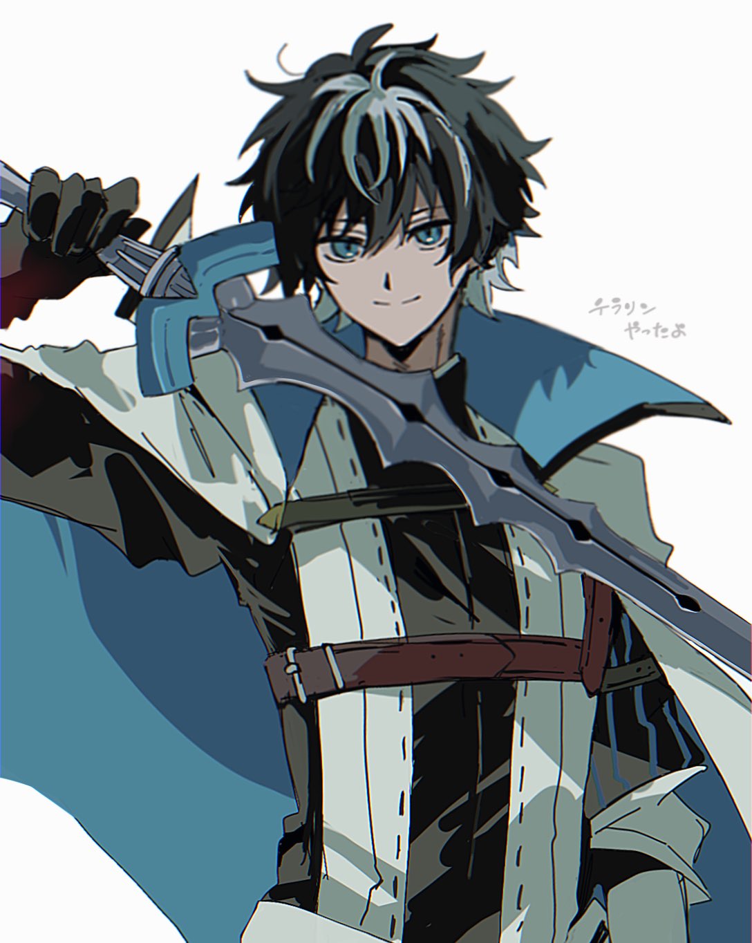 1boy arm_at_side belt black_gloves black_hair blue_cape blue_eyes brown_belt cape charlemagne_(fate) charlemagne_(first_ascension)_(fate) chest_belt closed_mouth cowboy_shot elbow_gloves fate/extella fate/extella_link fate/extra fate_(series) gloves hair_between_eyes highres holding holding_sword holding_weapon joyeuse_ordre_(fate) k_7s long_sleeves looking_at_viewer male_focus multicolored_hair short_hair simple_background smile solo streaked_hair sword translation_request two-tone_hair weapon white_background white_hair