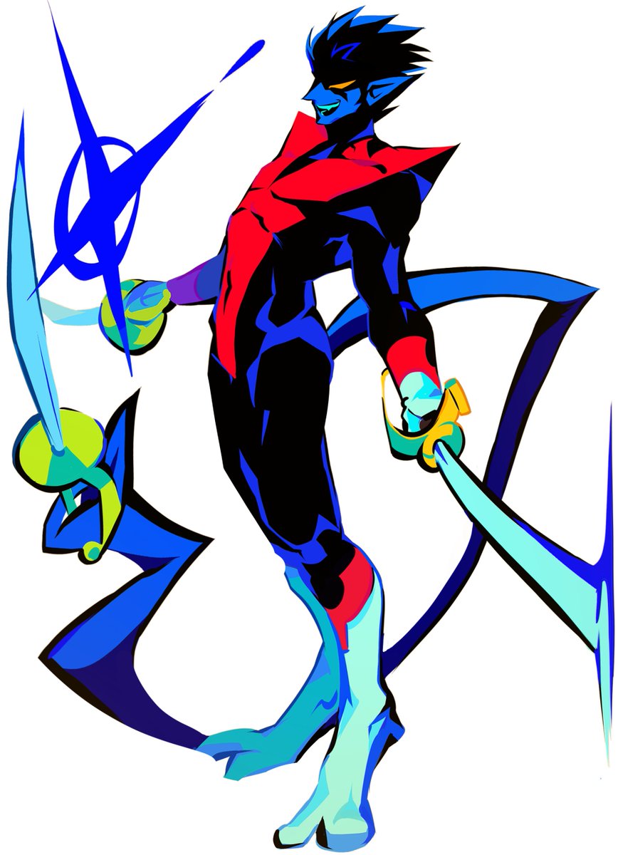 1boy black_hair blue_skin blue_tail boots colored_skin commentary commentary_request fang full_body highres holding holding_sword holding_weapon holding_with_tail korean_commentary long_tail looking_to_the_side male_focus marvel multiple_swords nightcrawler no_pupils open_mouth pointy_ears prehensile_tail profile red_wrist_cuffs scimitar sharp_teeth simple_background solo sparkle spiked_hair superhero_costume sword tail tangpeangche teeth thigh_boots toned toned_male weapon white_background white_boots wrist_cuffs x-men yellow_eyes