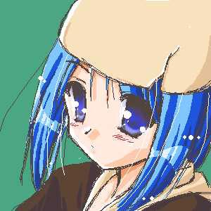 1girl 2000s_(style) ayase_mai_(jelly^2_fish) blue_eyes blue_hair blush brown_shirt closed_mouth eggshell_hat expressionless green_background looking_at_viewer lowres oekaki ragnarok_online shirt simple_background solo thief_(ragnarok_online) upper_body