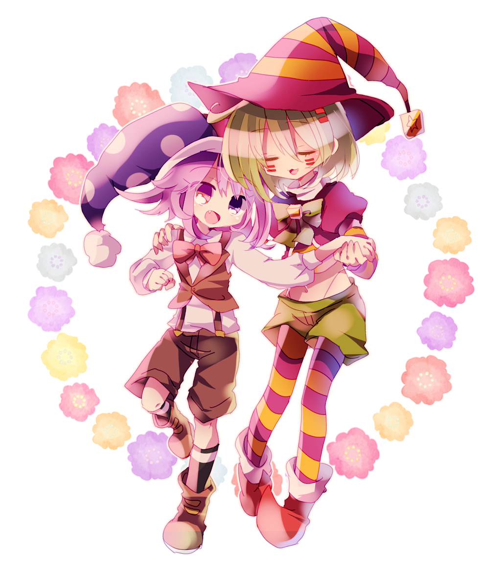 1boy 1girl black_socks boots brown_shoes brown_shorts brown_vest closed_eyes collared_shirt commentary_request crop_top fang full_body green_ribbon green_shorts gryll_(kirby) hat heterochromia jester_cap kirby_(series) long_sleeves marx_(kirby) multicolored_headwear multicolored_thighhighs navel neck_ribbon nintendo open_mouth personification pink_shirt pointy_footwear polka_dot_headwear pom_pom_(clothes) purple_eyes red_boots red_eyes red_ribbon ribbon shirt shoes short_hair shorts smile socks striped_clothes striped_headwear striped_sleeves striped_thighhighs suspender_shorts suspenders thighhighs usagi_nui vest white_shirt