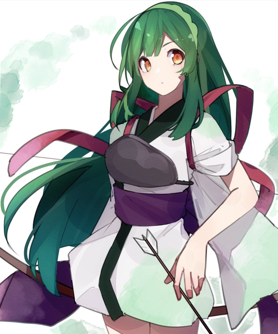 1girl arrow_(projectile) blunt_bangs bow_(weapon) closed_mouth commentary_request cowboy_shot green_hair green_hairband hairband holding holding_arrow holding_bow_(weapon) holding_weapon japanese_clothes kimono long_hair looking_at_viewer mo_kiduti muneate obi outline purple_sash sash sleeves_rolled_up solo standing swept_bangs tasuki touhoku_zunko voiceroid watercolor_background weapon white_background white_kimono white_outline yellow_eyes