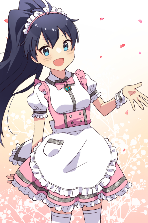 1girl :d antenna_hair apron aqua_eyes black_hair blush breasts buttons collar cowboy_shot double-parted_bangs dress fang floral_background frilled_dress frills ganaha_hibiki gradient_background idolmaster idolmaster_(classic) idolmaster_million_live! idolmaster_million_live!_theater_days koma_tori long_hair looking_at_viewer maid_apron maid_headdress medium_breasts official_alternate_costume open_hand open_mouth pink_dress pocket ponytail pretty_waitress_(idolmaster) puffy_short_sleeves puffy_sleeves short_sleeves sidelocks smile solo thighhighs v-shaped_eyebrows waist_apron white_apron white_collar white_thighhighs wrist_cuffs zettai_ryouiki