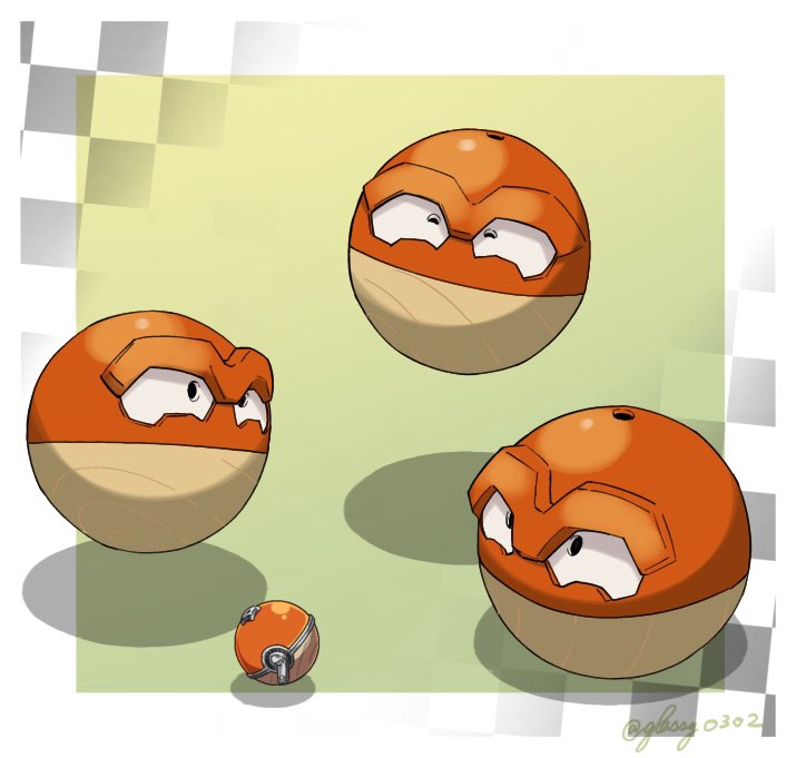 ball black_eyes border commentary_request glassy0302 green_background hisuian_poke_ball hisuian_voltorb looking_up nintendo no_humans poke_ball pokemon pokemon_(creature) twitter_username white_border