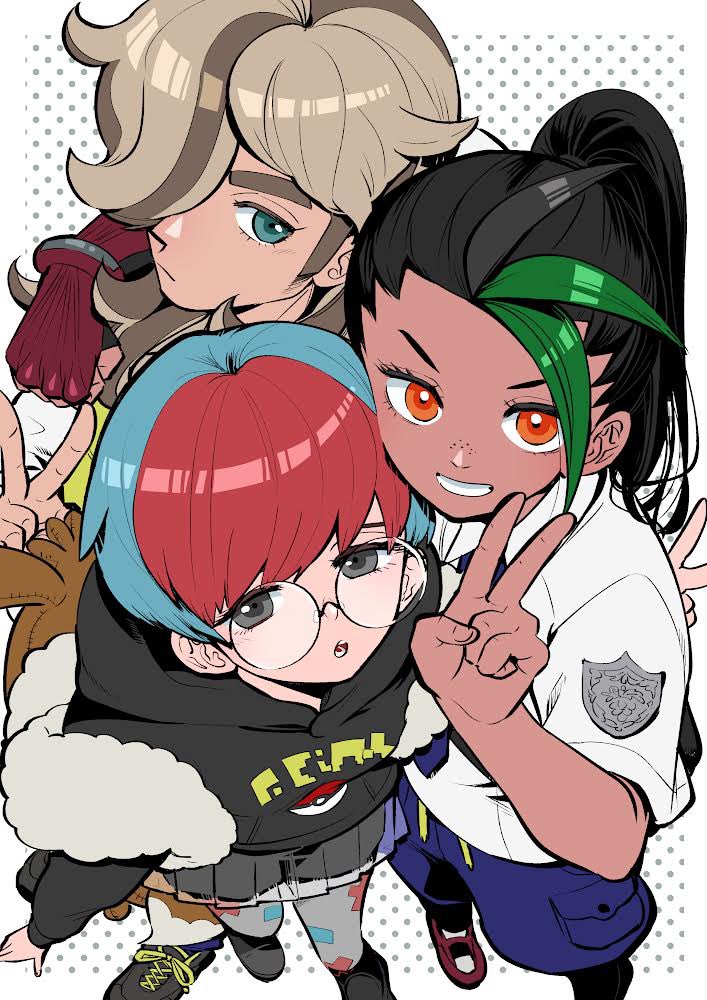 1boy 2girls arm_around_shoulder arven_(pokemon) backpack bag black_eyes black_hair black_hoodie black_shoes black_shorts blue_hair blue_necktie blue_shorts brown_hair closed_mouth commentary dark-skinned_female dark_skin eevee_backpack fingerless_gloves from_above glasses gloves green_eyes green_hair grin hair_over_one_eye hood hoodie long_hair looking_at_another looking_at_viewer looking_to_the_side multiple_girls necktie nemona_(pokemon) nintendo one_eye_covered orange_eyes orange_hair pantyhose parted_lips penny_(pokemon) poke_ball_print pokemon pokemon_sv polka_dot polka_dot_background ponytail print_hoodie print_pantyhose red_gloves red_hair red_shoes round_eyewear school_uniform see-through_clothes see-through_skirt shirt shoes short_hair shorts single_glove skirt smile standing takafumi_696 uva_academy_school_uniform v white_shirt