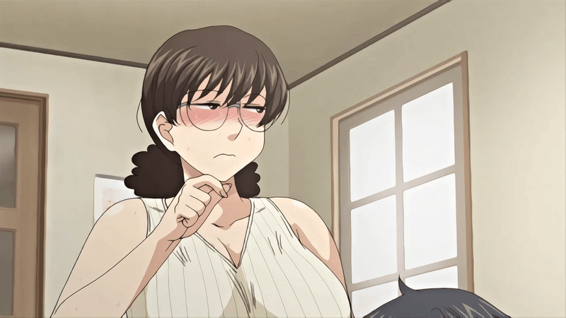 1girl 2020 20s animated animated_gif blush breasts curly_hair glasses hitozuma_mitsu_to_niku housewife implied_cunnilingus large_breasts mature_female obasan_(hitozuma_mitsu_to_niku) ponytail queen_bee_(animation_studio) sweat tagme vest