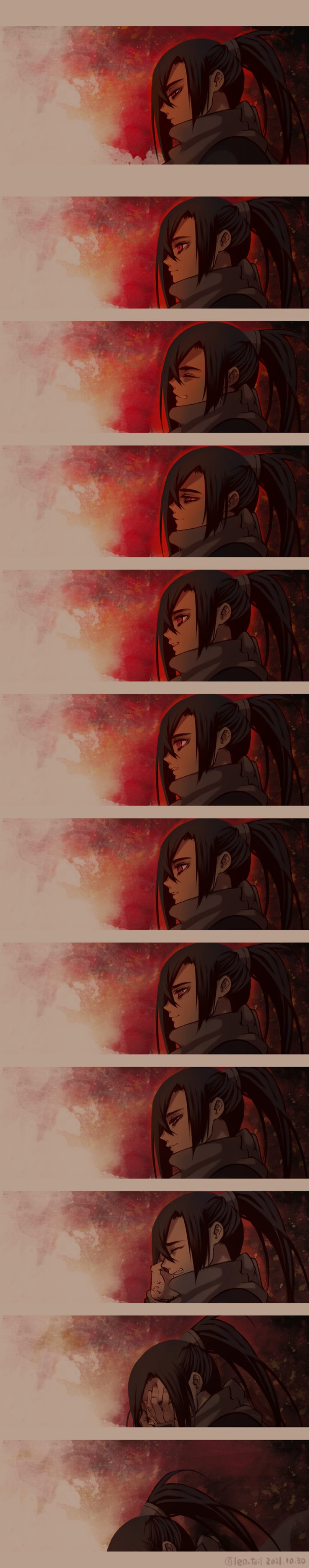 1boy :d ^_^ absurdres black_hair closed_eyes dated expressionless from_side grin hair_between_eyes half-closed_eyes highres leo_tail long_hair long_image looking_ahead male_focus open_mouth pink_eyes ponytail sequential smile strider_(video_game) strider_hien tall_image twitter_username