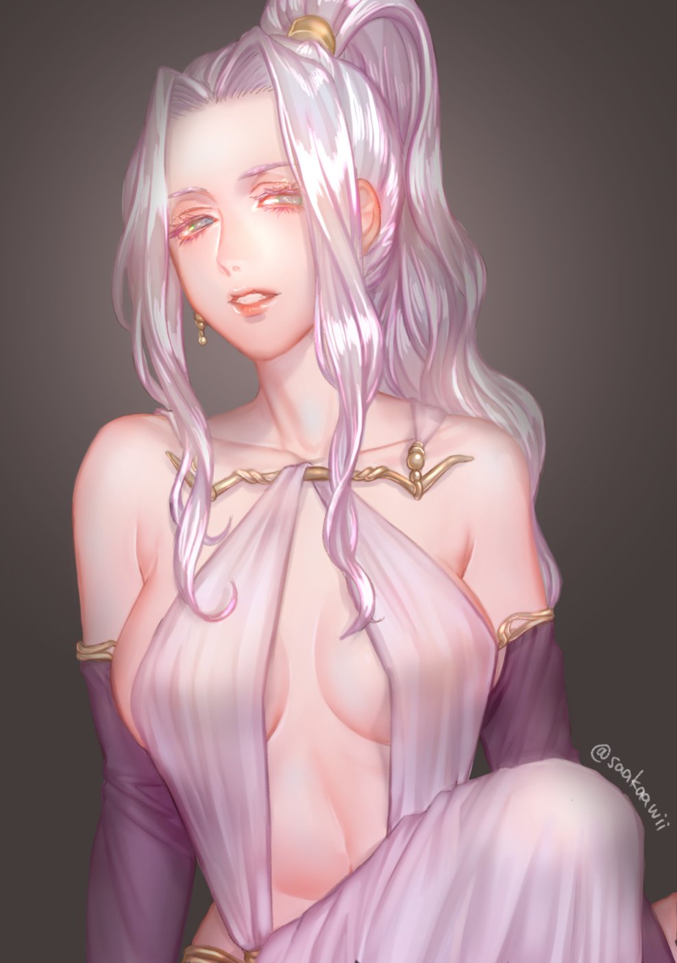 1girl breasts collarbone detached_sleeves dress gensou_suikoden green_eyes high_ponytail highres jeane_(suikoden) jewelry large_breasts long_hair looking_at_viewer ponytail revealing_clothes sakai_(motomei) silver_hair simple_background solo