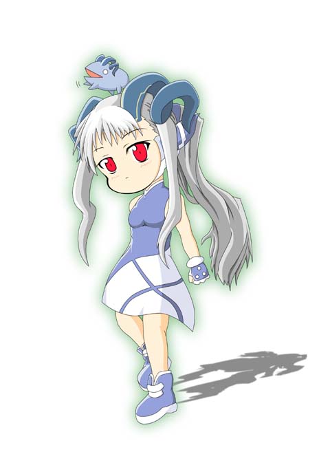 1girl blunt_bangs female_focus full_body hair_ornament long_hair longhorn looking_at_viewer os-tan ponytail red_eyes sidelocks silver_hair simple_background skirt snake_hair_ornament solo standing white_background white_skirt