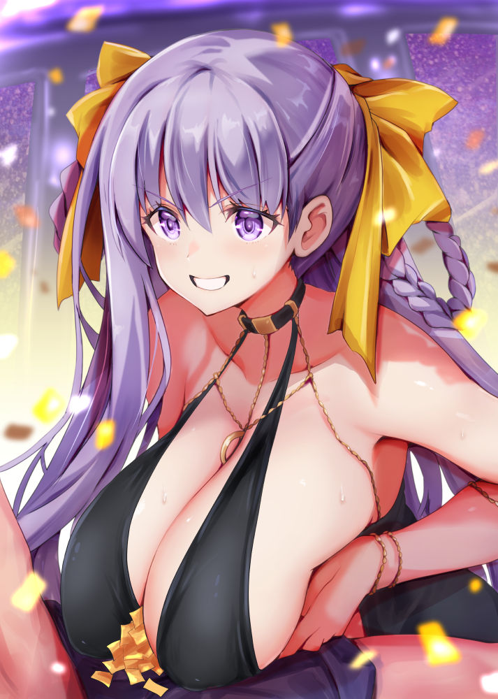 1boy 1girl asahi_(fullmetal_madness) bare_shoulders bb_(fate) bb_dubai_(fate) black_choker black_dress bow bracelet breasts breasts_squeezed_together choker cleavage collarbone confetti dress fate/grand_order fate_(series) grin hair_bow hetero huge_breasts jewelry looking_at_another purple_eyes purple_hair smile sweat v-shaped_eyebrows yellow_bow