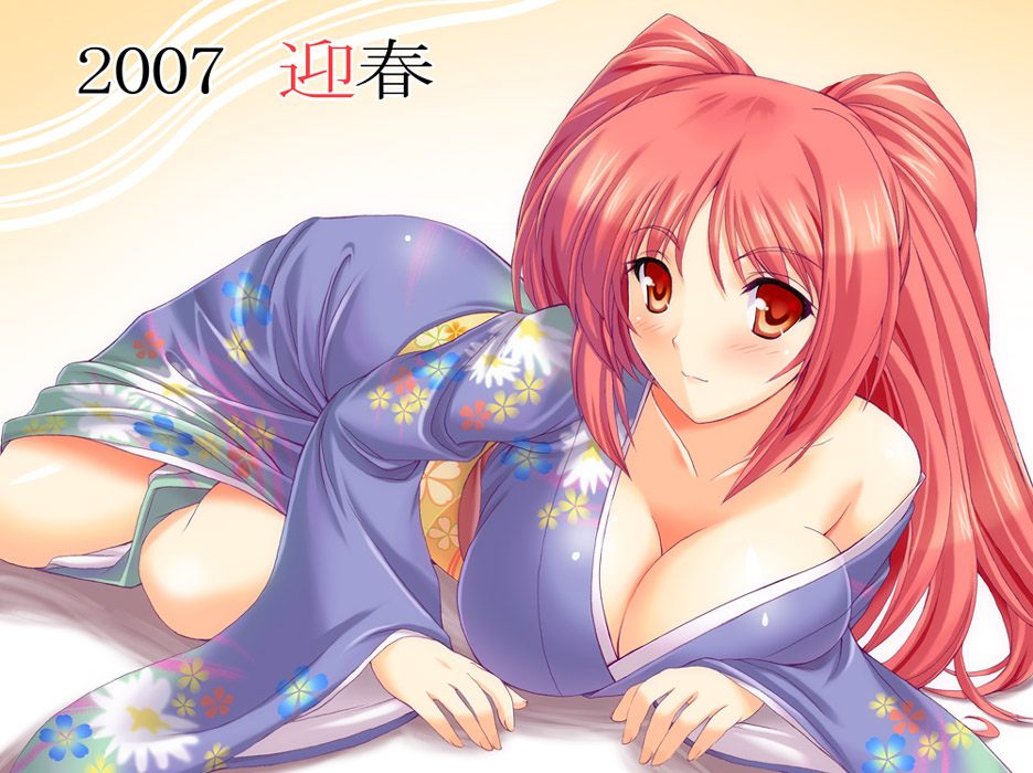 00s 1girl 2007 blush breast_press breasts breasts_squeezed_together cleavage dress female_focus huge_breasts japanese_clothes kawase_seiki kimono kousaka_tamaki large_breasts long_hair new_year off_shoulder red_eyes red_hair solo to_heart_(series) to_heart_2