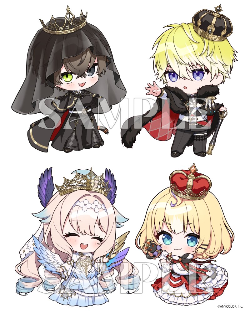 2boys 2girls :3 :o alban_knox black_cloak black_jacket black_pants black_robe black_shoes blonde_hair blue_dress blue_hair blush brown_hair chibi cloak closed_mouth commentary_request crown dress enna_alouette frilled_dress frills fur-trimmed_cloak fur_trim gradient_hair green_eyes grey_eyes hair_between_eyes hair_ornament hairclip heterochromia jacket long_hair millie_parfait mini_crown multicolored_hair multiple_boys multiple_girls nijisanji nijisanji_en official_art pants parted_lips purple_eyes ringlets robe sample_watermark shoes simple_background sonny_brisko tiara two-tone_hair v-shaped_eyebrows veil very_long_hair virtual_youtuber watermark white_background white_dress yamabukiiro