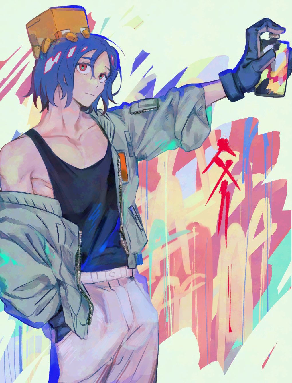 1boy blue_hair gloves gundam gundam_gquuuuuux highres holding jacket long_sleeves multicolored_hair non-humanoid_robot paint paint_can pants purple_hair red_eyes robot shirt short_hair shuji_ito tank_top tomii_(tomp_son)
