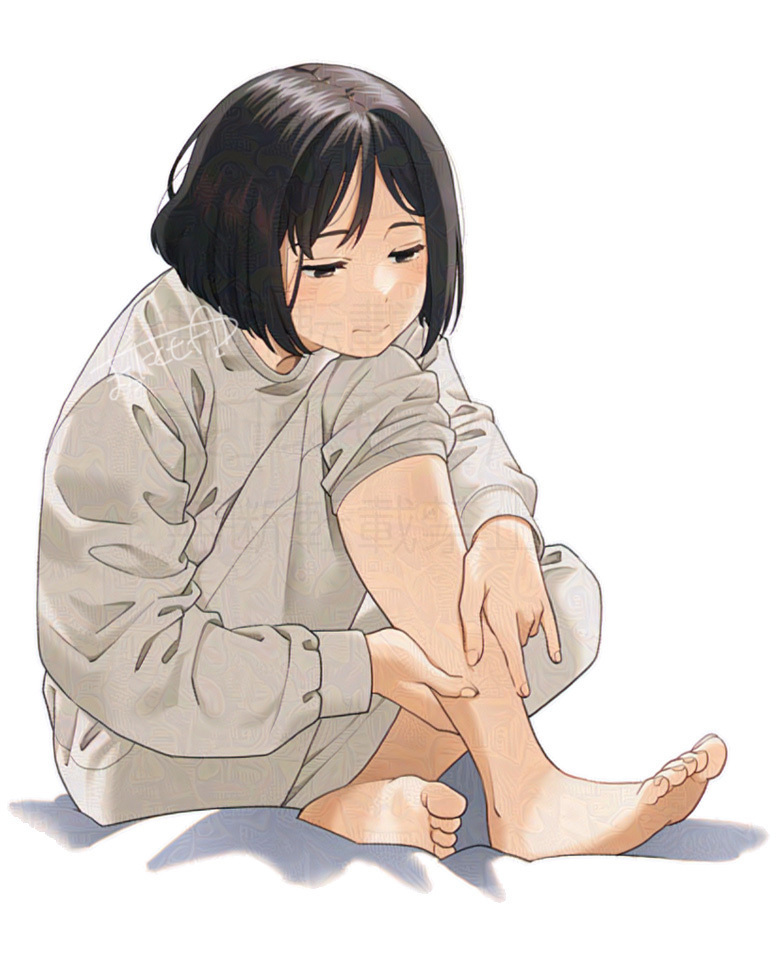 1girl barefoot black_eyes black_hair black_shirt blush bob_cut closed_mouth commentary_request grey_pants grey_shirt knee_up legs long_sleeves mattaku_mousuke original pants pants_rolled_up shirt signature simple_background sitting solo toes white_background