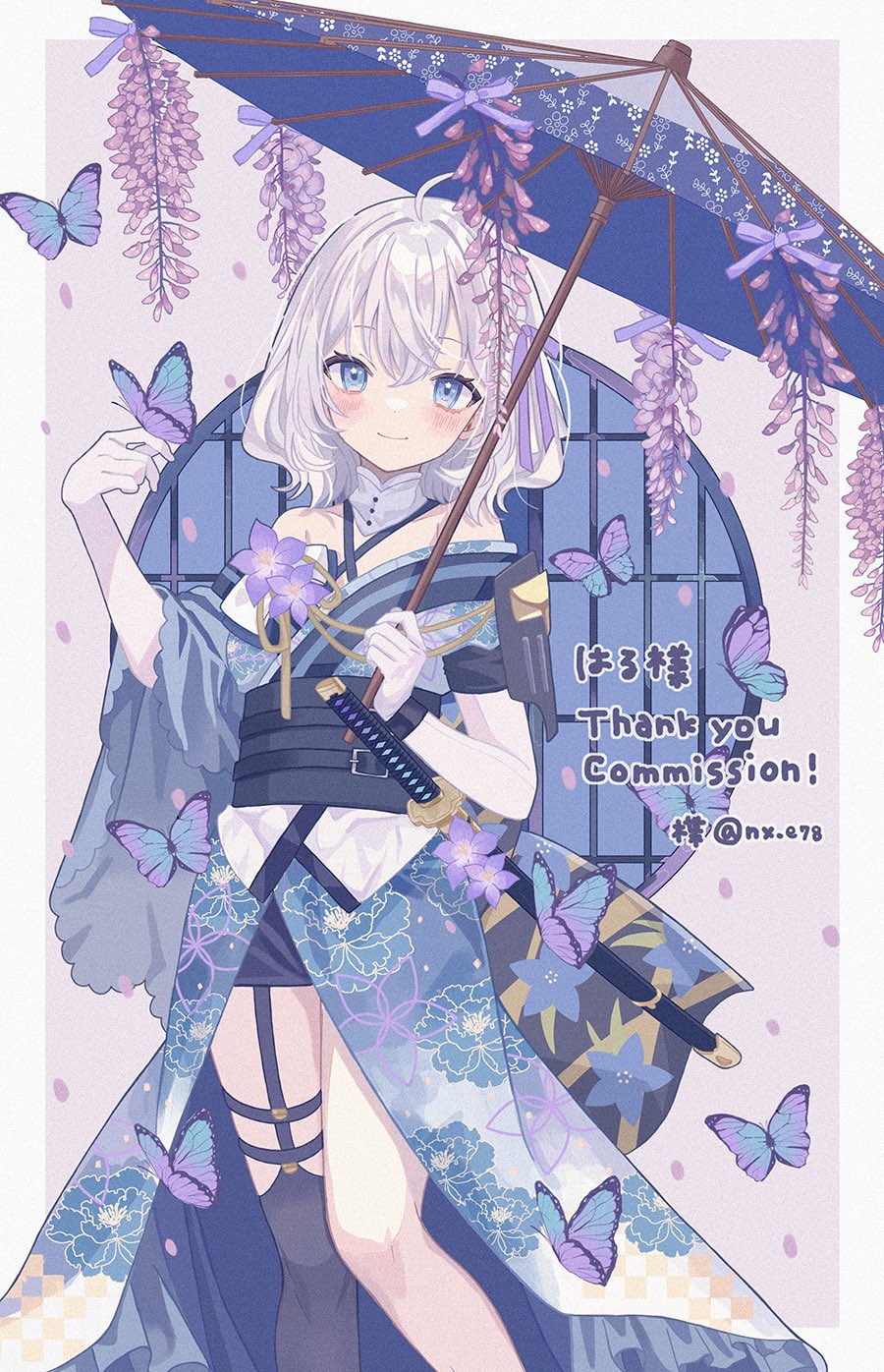 1girl akechi_mitsuki blue_eyes blush bug butterfly commission flower gloves highres holding insect japanese_clothes katana kimono looking_at_viewer oil-paper_umbrella single_thighhigh skeb_commission smile solo sword thighhighs umbrella umbrella_flower unifee virtual_youtuber weapon white_hair wisteria yuzuriha_(nx_e78)