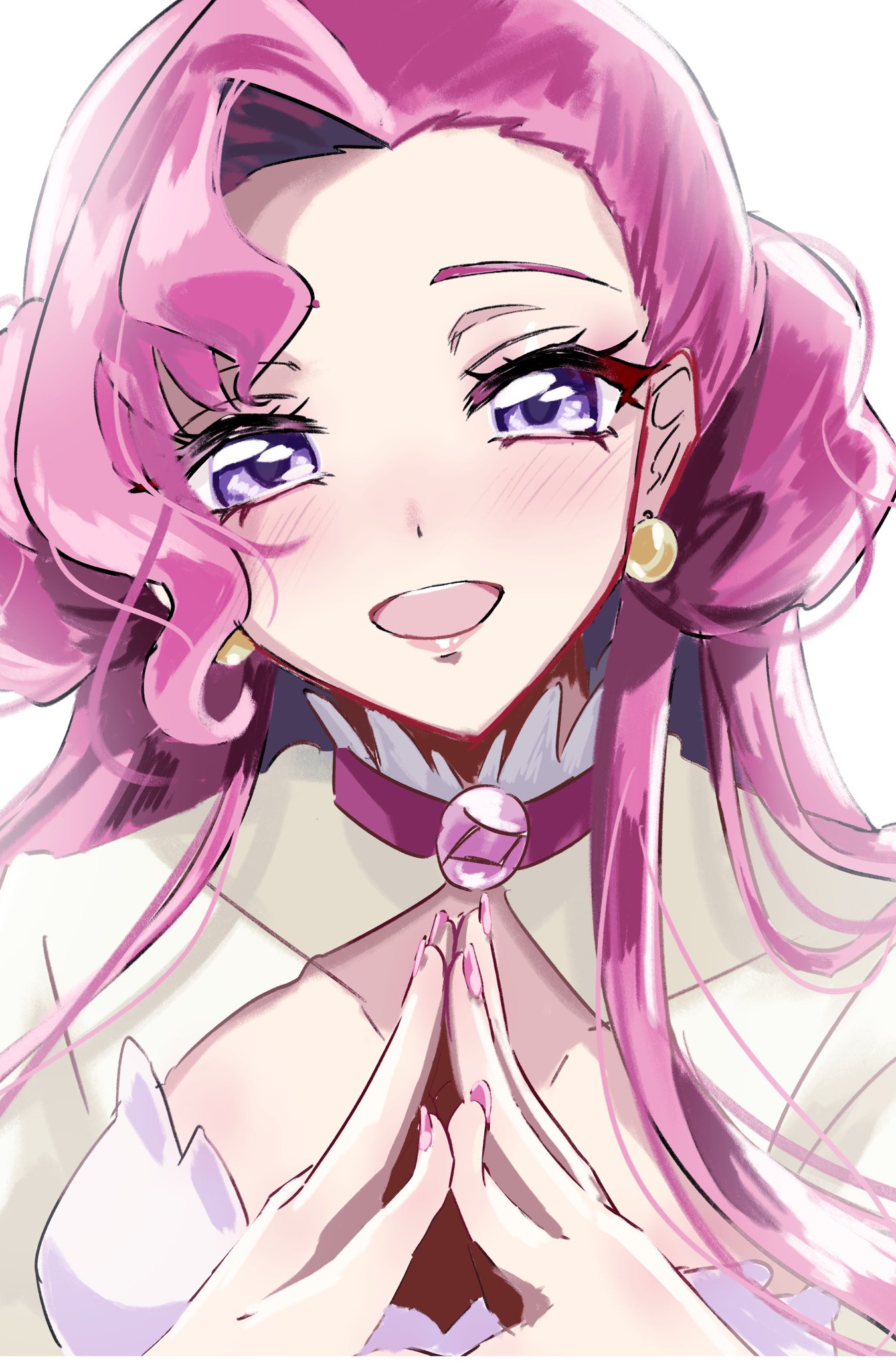 1girl blush code_geass collarbone dress earrings euphemia_li_britannia head_tilt highres jewelry looking_at_viewer mugi_(marineblue134) open_mouth portrait purple_dress purple_eyes purple_hair purple_nails shrug_(clothing) smile solo steepled_fingers white_background