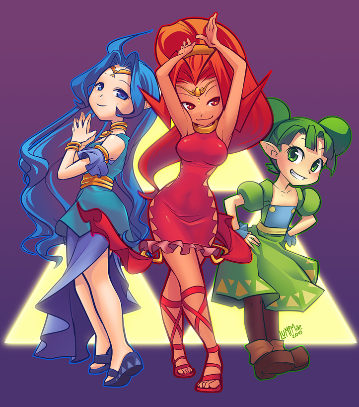 10s 2010 3girls arms_up blue_eyes blue_hair bracelet breasts choker curvy dark-skinned_female dark_skin din double_bun farore flat_chest green_eyes green_hair grin hands_on_own_hips jewelry long_hair lots_of_jewelry lumi-mae multiple_girls narrow_waist nayru nintendo pantyhose pointy_ears ponytail red_eyes red_hair sandals signature smile steepled_fingers the_legend_of_zelda the_legend_of_zelda:_oracle_of_ages the_legend_of_zelda:_oracle_of_seasons tiara triforce