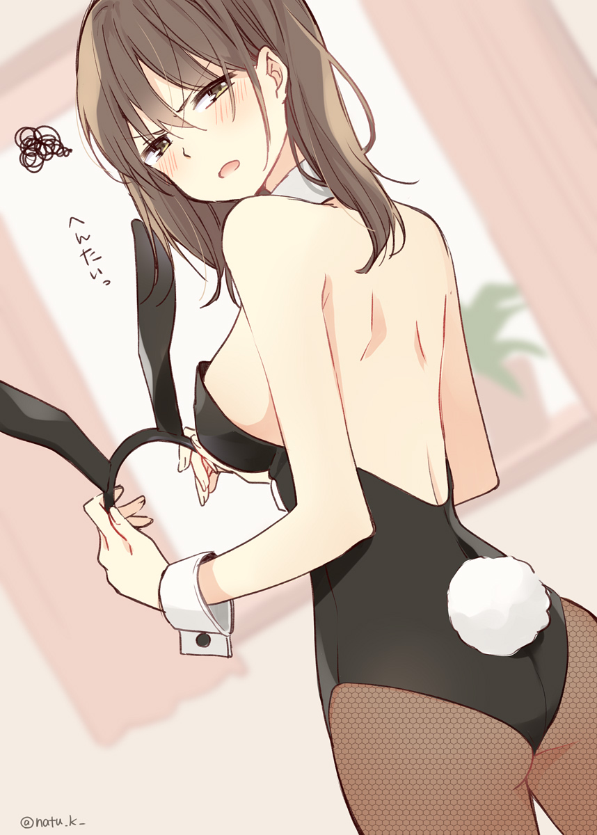 1girl animal_ear_hairband animal_ears back_cutout bare_back black_leotard black_pantyhose blurry breasts brown_hair clothing_cutout curtains depth_of_field detached_collar dutch_angle embarrassed fake_animal_ears fake_tail flower flower_pot from_behind hairband hazuki_natsu highres holding_hairband leotard looking_at_viewer looking_back medium_hair open_mouth original pantyhose playboy_bunny rabbit_ear_hairband rabbit_ears rabbit_tail solo strapless strapless_leotard tail twitter_username unworn_hairband v-shaped_eyebrows window wrist_cuffs