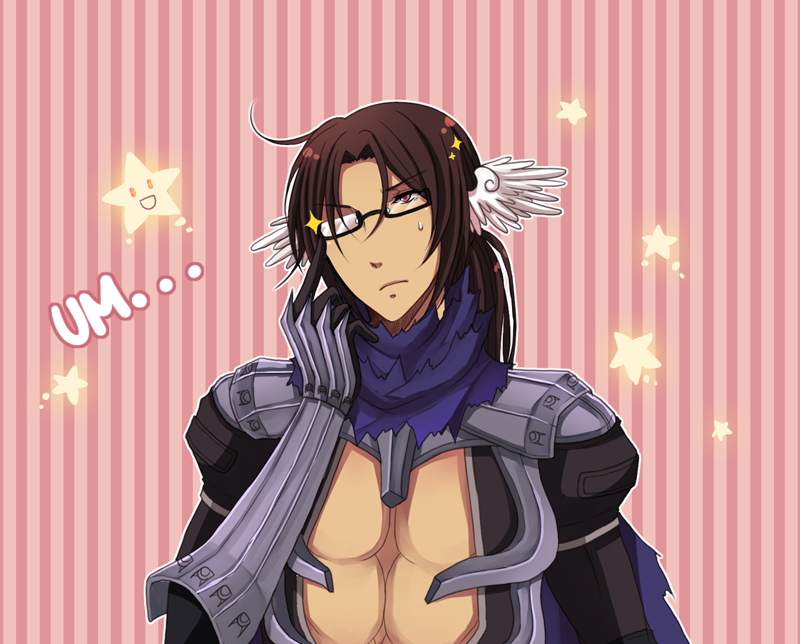 1boy adjusting_eyewear armor assassin_cross_(ragnarok_online) black-framed_eyewear black_gloves black_shirt brown_eyes brown_hair closed_mouth commentary english_commentary expressionless glasses gloves long_hair male_focus opaque_glasses partially_opaque_glasses pauldrons pink_background purple_scarf ragnarok_online rinslette scarf shirt shoulder_armor solo star_(symbol) striped_background torn_clothes torn_scarf upper_body vambraces