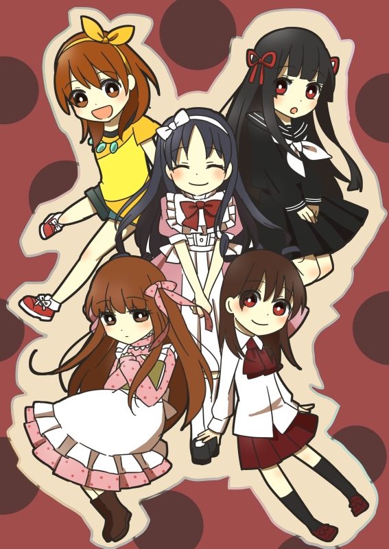5girls black_hair blunt_bangs blush bow bowtie brown_eyes brown_hair bury chibi chloe_ardenne chloe_no_requiem closed_eyes coco_(bury) covering_crotch covering_privates crossover dress hair_ribbon hairband himeno_mikoto ib_(ib) ib_(kouri) jewelry kaii_shoukougun kanzaki_shiori kirisame_ga_furu_mori looking_at_viewer multiple_crossover multiple_girls necklace open_mouth outline red_eyes ribbon school_uniform serafuku sidelocks skc skirt smile