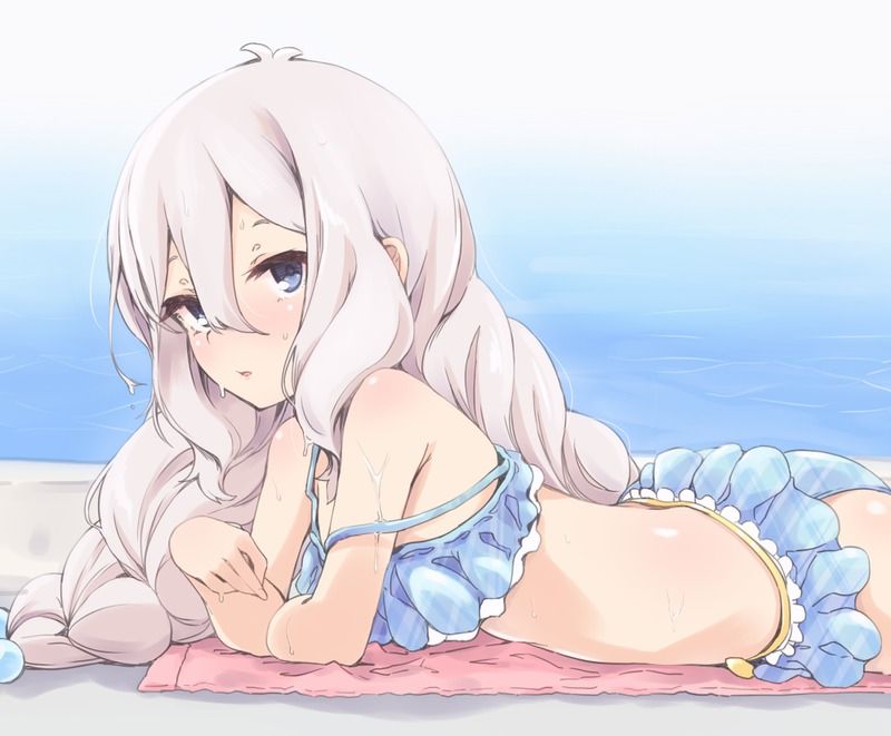 1girl ass bikini blue_bikini blue_eyes braid from_side hair_between_eyes kohaku_q kokkoro_(princess_connect!) kokkoro_(real)_(princess_connect!) long_hair looking_at_viewer lying pool princess_connect! silver_hair solo swimsuit towel twin_braids very_long_hair water wet