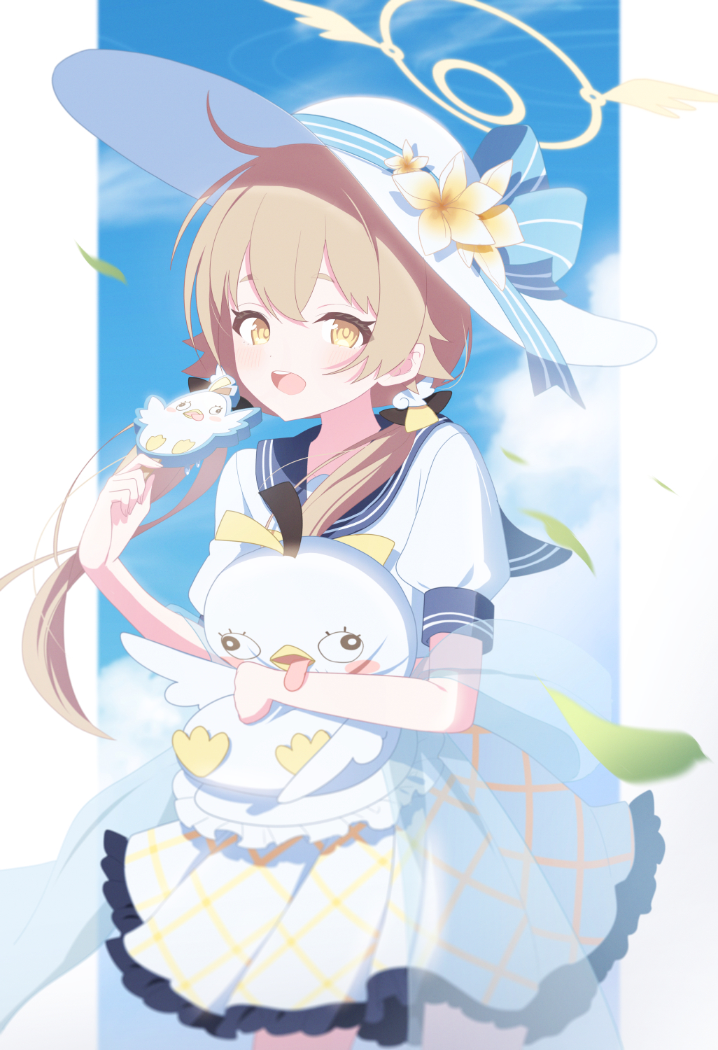 1girl blue_archive blue_sailor_collar blue_sky brown_hair cloud commentary day dress food halo hat hifumi_(blue_archive) highres holding holding_food holding_popsicle kaerunrun long_hair looking_at_viewer open_mouth outdoors peroro_(blue_archive) popsicle puffy_short_sleeves puffy_sleeves sailor_collar short_sleeves sky solo summer teeth twintails upper_teeth_only white_dress white_hat yellow_halo