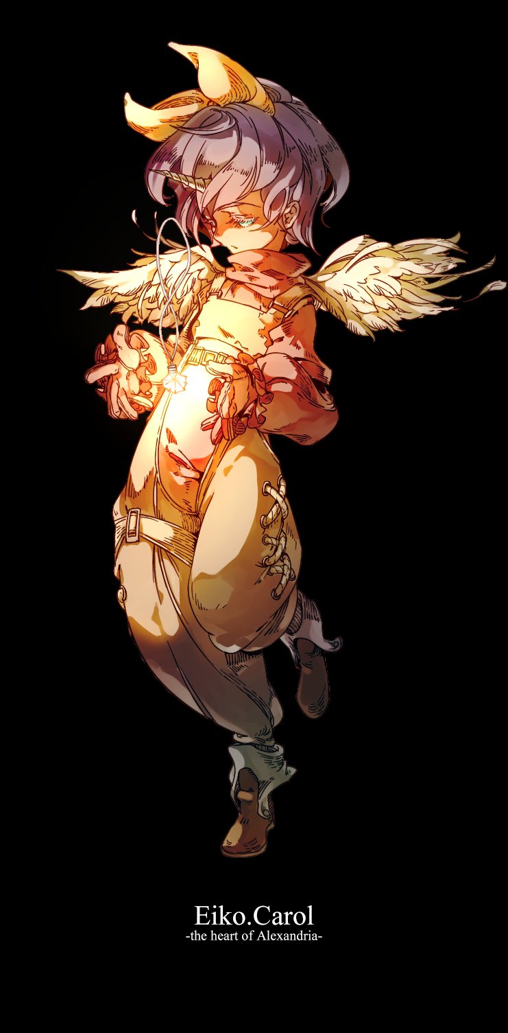1girl black_background bob_cut boots brown_boots child chinese_commentary commentary eiko_carol feathered_wings fermium.ice final_fantasy final_fantasy_ix foot_up frilled_sleeves frills full_body gloves glowing glowing_jewelry green_eyes hair_ribbon half-closed_eyes hands_up highres horns jewelry long_sleeves looking_down necklace overalls parted_lips pendant puffy_long_sleeves puffy_sleeves purple_hair red_shirt ribbon shirt simple_background single_horn solo standing turtleneck white_wings wings yellow_overalls yellow_ribbon