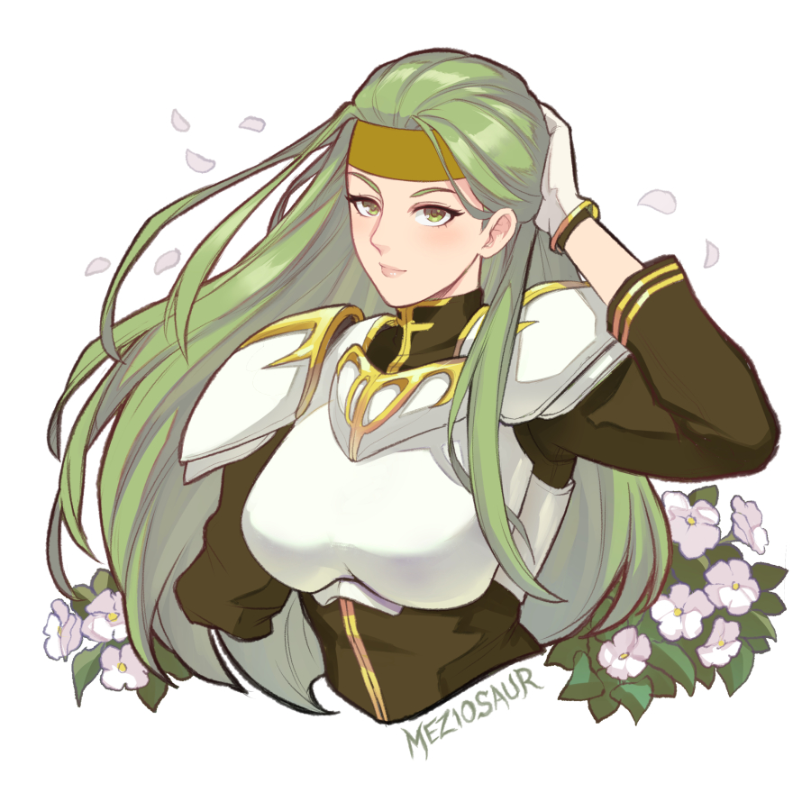 1girl armor artist_name breastplate female_focus fire_emblem fire_emblem:_the_sacred_stones gloves green_eyes green_hair headband long_hair matching_hair/eyes meziosaur nintendo orange_headband shoulder_pads solo syrene_(fire_emblem) white_armor