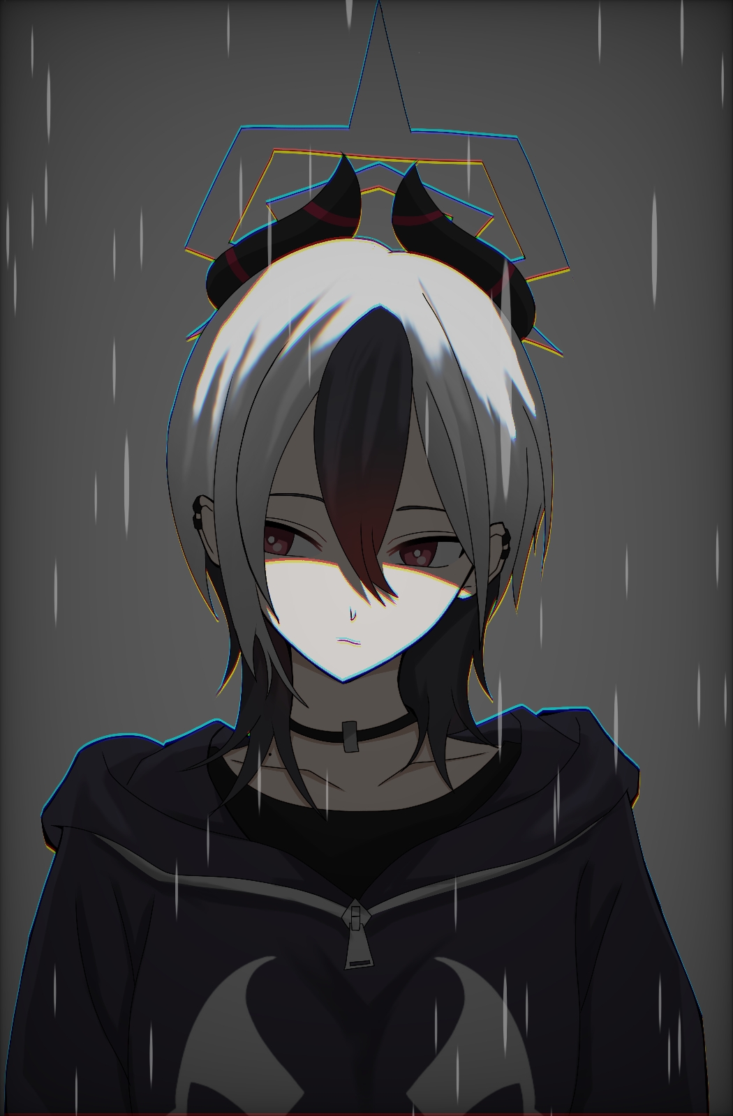 1girl black_choker black_hair black_hoodie black_horns blue_archive choker closed_mouth collarbone commentary demon_horns ear_piercing grey_background grey_hair hair_down highres hood hood_down hoodie horns kayoko_(blue_archive) looking_to_the_side medium_hair mole mole_on_shoulder piercing rain shaded_face shi_draco solo