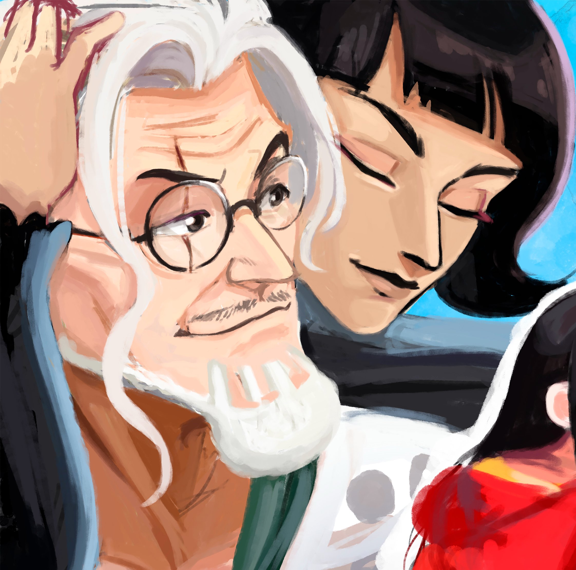 1boy 1girl beard black_hair blunt_bangs bob_cut closed_eyes coat commentary english_commentary erza_briefs facial_hair glasses hand_on_another&#039;s_head highres hug hug_from_behind looking_to_the_side one_piece scar scar_across_eye scar_on_face shakuyaku_(one_piece) silvers_rayleigh smile white_coat white_hair