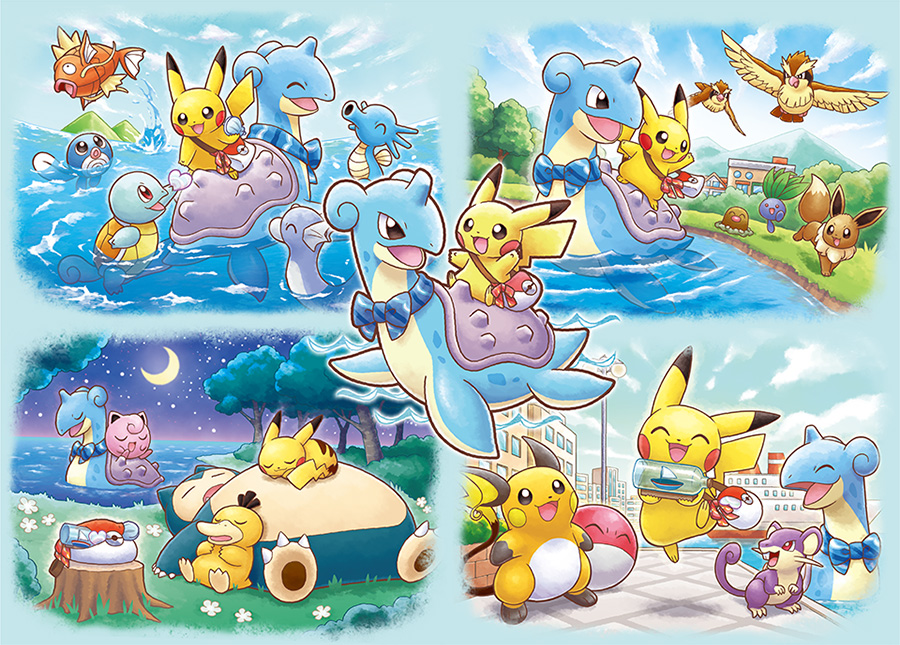 bag blue_bow blue_sky bow building bush city closed_eyes closed_mouth clothed_pokemon cloud crescent_moon day diglett dot_nose dratini eevee flower game_freak gen_1_pokemon heart_scale holding holding_shell horsea house in-universe_location jigglypuff jumping lapras magikarp moon night night_sky nintendo no_humans oddish official_art open_mouth outdoors pallet_town pidgey pokemon pokemon_(creature) pokemon_focus poliwag psyduck raichu rattata red_eyes riding riding_pokemon ripples sakuma_sanosuke shell ship ship_in_a_bottle sky sleeping smile snorlax splashing squirtle star_(sky) teeth third-party_source tree tree_stump voltorb water watercraft white_flower