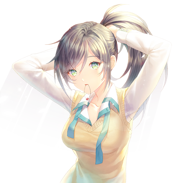 1girl adjusting_hair arms_up backlighting black_hair blue_ribbon bunching_hair buttons collared_shirt dressing female_focus green_eyes hair_tie holding holding_own_hair long_hair long_sleeves looking_at_viewer mouth_hold original ponytail ribbon saban shirt simple_background solo sweater_vest swept_bangs tying_hair upper_body white_background white_shirt