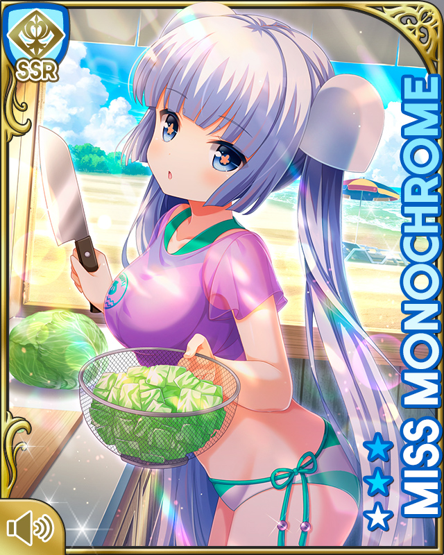 1girl :o bikini blue_eyes blunt_bangs bowl card character_name day girlfriend_(kari) glassware green_bikini knife lettuce miss_monochrome miss_monochrome_(character) official_art open_mouth outdoors purple_shirt qp:flapper salad sandals see-through_clothes see-through_shirt shirt solo swimsuit tagme tied_shirt twintails white_hair