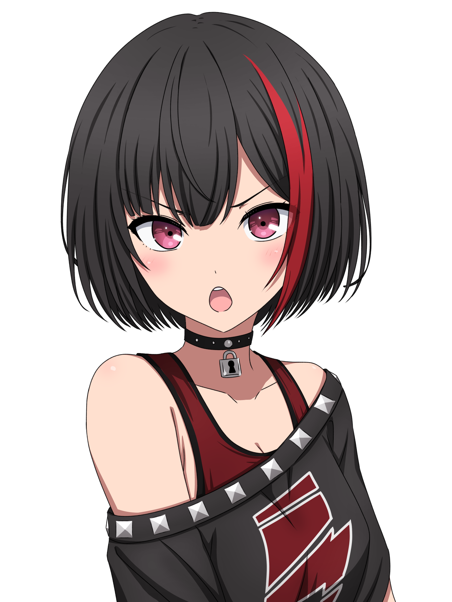 1girl bang_dream! black_choker black_hair black_shirt breasts choker cleavage commentary_request highres looking_at_viewer mitake_ran multicolored_hair noshimurin open_mouth pink_eyes red_hair red_tank_top shirt short_hair simple_background single_off_shoulder solo streaked_hair tank_top teeth upper_body upper_teeth_only white_background