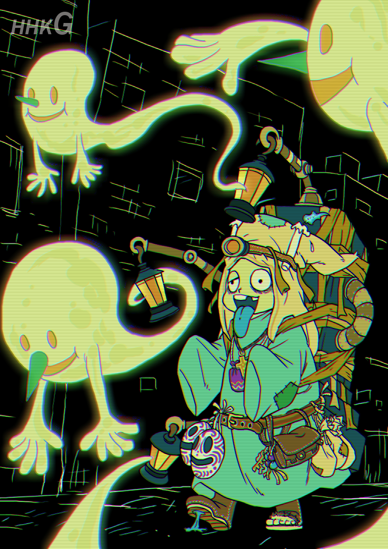 1boy 4others aqua_robe bags_under_eyes black_background blue_tongue boots candle chewing_gum child colored_tongue commentary_request greg_(scrapyard) lamp male_focus mask missing_tooth multiple_others original rags scanlines sleeves_past_fingers sleeves_past_wrists stepping_on_food tongue tongue_out torn_footwear unworn_mask