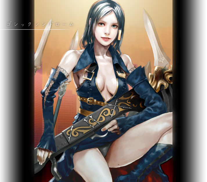 1girl alicia_(bullet_witch) aq_interactive bare_shoulders blue_boots boots breasts bullet_witch cavia cleavage collar detached_sleeves elbow_gloves fantasy female_focus gloves gun jasmine_t large_breasts legs lips mole mole_under_eye original panties polearm solo spear sword underwear weapon