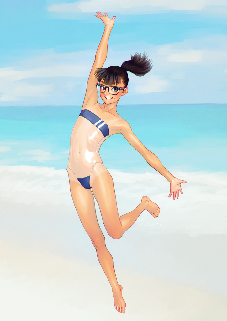 1girl barefoot beach black_hair blue_sky brown_eyes commentary_request flat_chest full_body fumichika_mori glasses gris_swimsuit jumping looking_at_viewer meme_attire navel ocean original outdoors ponytail short_hair sky smile solo tan tanline water