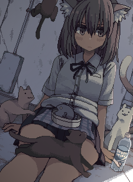 1girl :3 against_wall animal animal_ear_fluff animal_ears animal_on_lap bare_legs black_bow black_cat black_skirt blush bottle bow bowtie cat cat_ears cat_girl cat_on_lap cat_tail climbing collared_shirt commentary cowboy_shot dithering fish frown grey_cat grey_eyes grey_hair hair_between_eyes hand_rest handkerchief hands_on_floor ikeda_(kasutera) light_frown looking_at_viewer medium_hair on_lap original outdoors pixel_art pleated_skirt shirt sitting skirt solo symbol-only_commentary tail water_bottle white_cat white_shirt