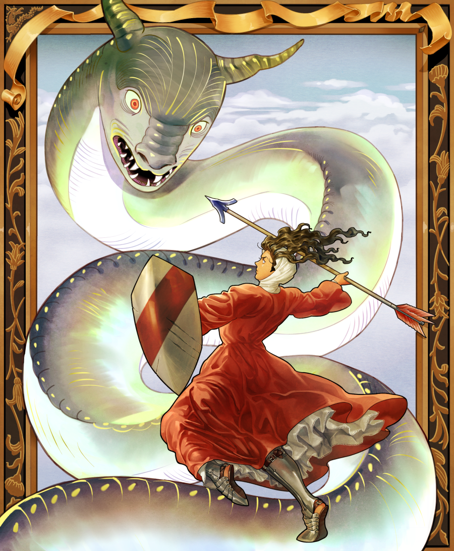 1girl 5altybitter5 armored_boots arrow_(projectile) attack boots border brown_hair closed_mouth coif dart dragon dress floating_hair holding holding_shield holding_weapon long_sleeves medieval monster original ornate_border red_dress shield snake weapon
