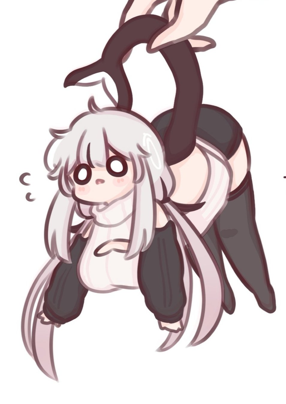 1girl 1other bare_shoulders black_hair black_shorts black_thighhighs blush_stickers breasts chibi chonkyorca cleavage_cutout clothing_cutout flying_sweatdrops grey_hair heart_cutout highres large_breasts lifting_person long_hair long_sleeves low_twintails mini_person minigirl multicolored_hair no_shoes o_o original parted_lips puffy_long_sleeves puffy_sleeves short_shorts shorts simple_background sleeveless sleeveless_sweater sleeveless_turtleneck sleeves_past_wrists solo_focus streaked_hair sweater thighhighs turtleneck turtleneck_sweater twintails very_long_hair white_background