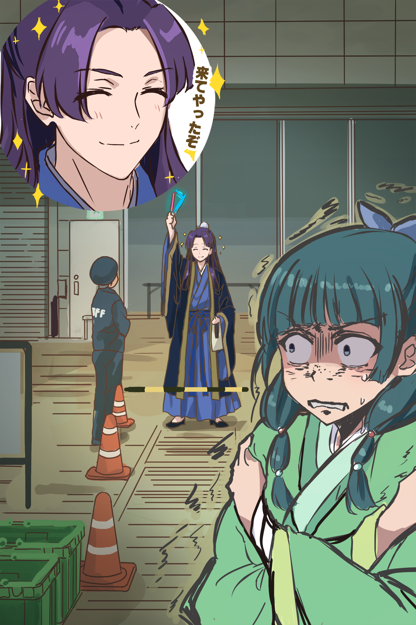 1boy 1girl 1other beads black_shoes blue_bow blue_eyes blue_hanfu blunt_bangs bow building bun_cover chinese_clothes closed_eyes commentary_request crossed_arms cutlass_(classic_chocolate) glowstick green_hair green_hanfu hair_beads hair_bow hair_bun hair_ornament half_updo hands_on_own_shoulders hanfu highres holding holding_glowstick jinshi_(kusuriya_no_hitorigoto) kusuriya_no_hitorigoto long_hair long_sleeves looking_at_another maomao_(kusuriya_no_hitorigoto) motion_lines multi-tied_hair outdoors parted_bangs purple_hair shoes single_hair_bun smile sparkle standing sweat traffic_cone translation_request trembling wide_sleeves