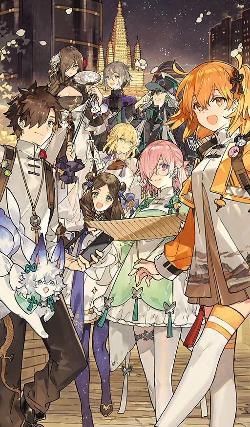 3boys 5girls :d adjusting_eyewear ahoge androgynous artoria_pendragon_(fate) backpack bag baseball_cap black_jacket black_pants blonde_hair blue_eyes braid breasts brown_hair chinese_clothes chinese_commentary chinese_knot city cleavage_cutout closed_mouth clothing_cutout commentary_request creature double_bun dress earrings fate/grand_order fate_(series) flower fou_(fate) fujimaru_ritsuka_(female) fujimaru_ritsuka_(male) glasses green_dress green_eyes grey_eyes grey_hair grin hair_between_eyes hair_bun hair_flower hair_ornament hair_over_one_eye hair_through_headwear hand_fan hand_on_eyewear hat high_collar holding holding_fan jacket jewelry leg_up leonardo_da_vinci_(chinese_ver._4th_anniversary)_(fate) leonardo_da_vinci_(fate) leonardo_da_vinci_(fate/grand_order) leonardo_da_vinci_(rider)_(fate) long_hair long_sleeves mandarin_collar mash_kyrielight multiple_boys multiple_girls night official_alternate_costume official_art one_eye_covered one_side_up open_mouth orange_eyes orange_hair outdoors pankou pants paper_fan parted_bangs petals pink_hair prince_of_lan_ling_(chinese_ver._4th_anniversary)_(fate) prince_of_lan_ling_(fate) purple_eyes round_eyewear saber_(fate) saint_quartz_(fate) shi_huang_di_(fate) short_dress short_hair sidelocks smile standing starshadowmagician sunglasses teeth thighhighs third-party_source uchiwa white_dress white_hair white_jacket white_thighhighs wide_sleeves yu_mei-ren_(chinese_ver._4th_anniversary)_(fate) yu_mei-ren_(fate)