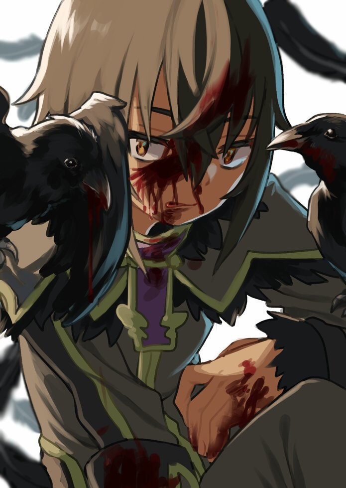 1boy bird black_feathers black_hair blood blood_in_hair blood_on_clothes blood_on_face blood_on_hands closed_mouth crossed_bangs crow feathers great_kichi killian_phegor licking_lips male_focus orange_eyes pop-up_story sanpaku sitting solo st._feles_gakuen_uniform tongue tongue_out
