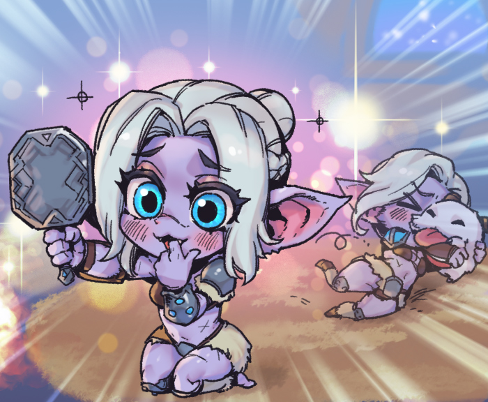 &gt;_&lt; 1girl blush braid fangs finger_to_mouth grey_hair hair_bun hands_up happy holding league_of_legends multicolored_background multiple_views navel parted_bangs phantom_ix_row pointy_ears poro_(league_of_legends) scar sejuani short_hair single_hair_bun sitting stomach teeth yordle