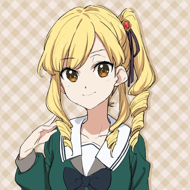 1girl 22/7 22/7_ongaku_no_jikan asymmetrical_hair black_bow black_bowtie black_ribbon blonde_hair bow bowtie brown_background brown_hair closed_mouth collarbone drill_hair drop_shadow green_shirt hair_ribbon hand_up hasunuma_tomoe high_side_ponytail long_sleeves looking_at_viewer official_art portrait ribbon rokubanchou_school_uniform sailor_collar school_uniform serafuku shirt smile solo straight-on white_sailor_collar winter_uniform